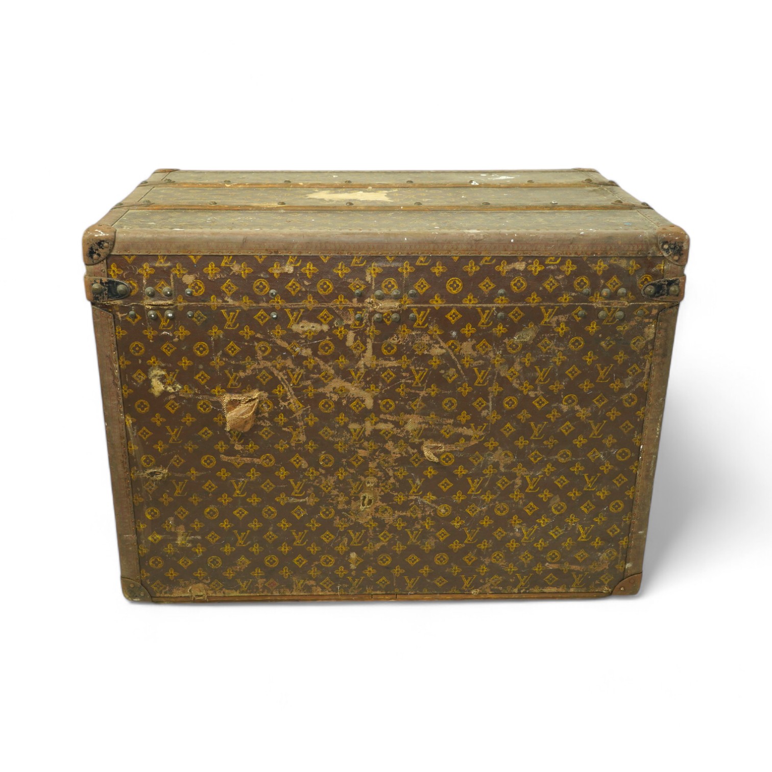 A vintage Louis Vuitton trunk, with black painted iron banding, wooden slats and canvas LV fabric, label for Paris, New Bond Street, Nice and Lille, numbered 776719, the interior with original tray, 76cm wide, 49cm deep,